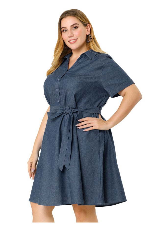Buttons Belted Short Sleeves Chambray Dress, Dark Blue / Navy, alternate image number 3