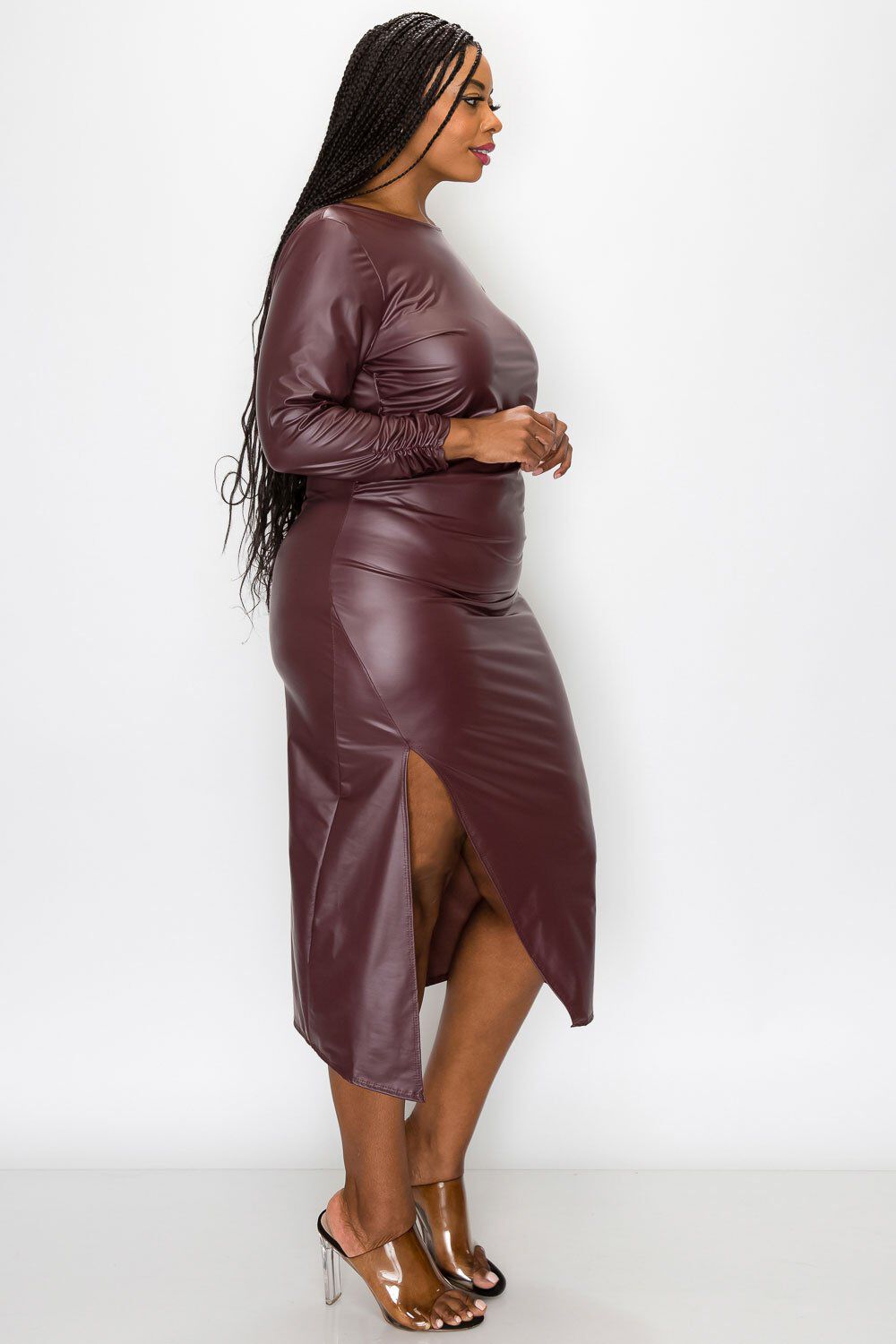 FAUX LEATHER RUCHED SLEEVES MIDI DRESS, , alternate image number 6