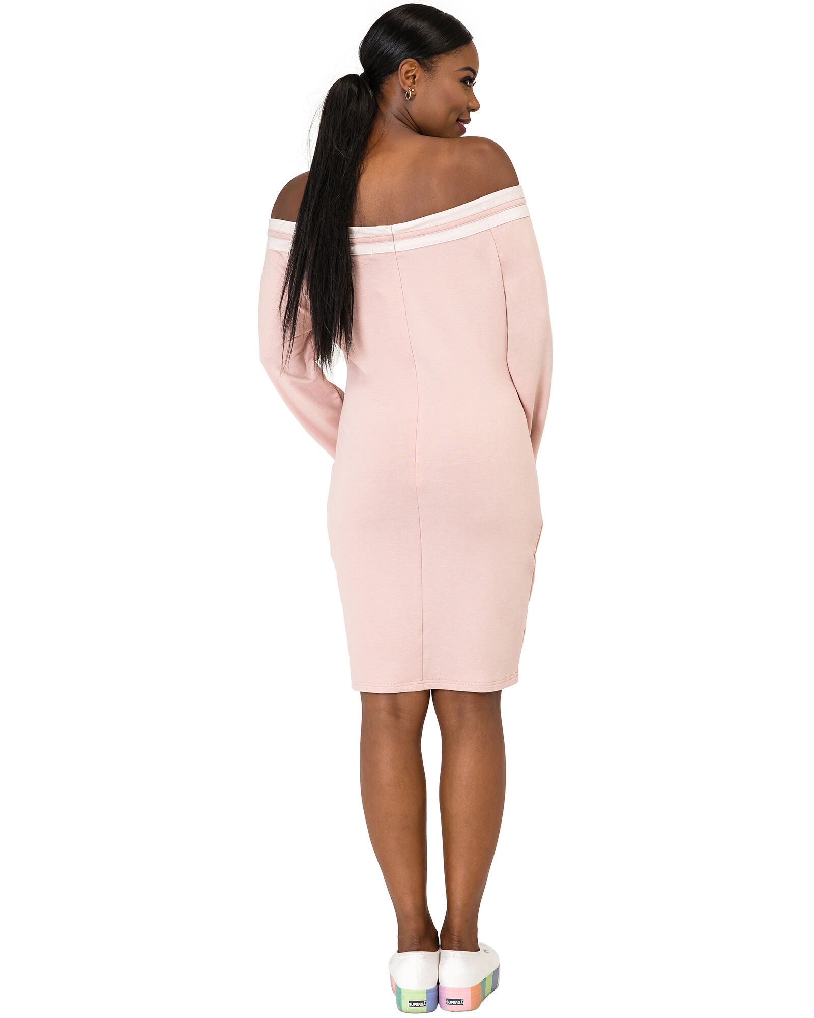 Eva Dusty Mauve Atheletic Stripe Off-The-Shoulder Knee-Length Dress, , alternate image number 6