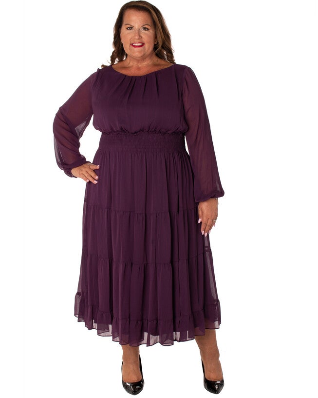 SOILD YORYU CHIFFON FULLY LINED DRESS WITH SMOCKING, PURPL / Burgundy, alternate image number 1