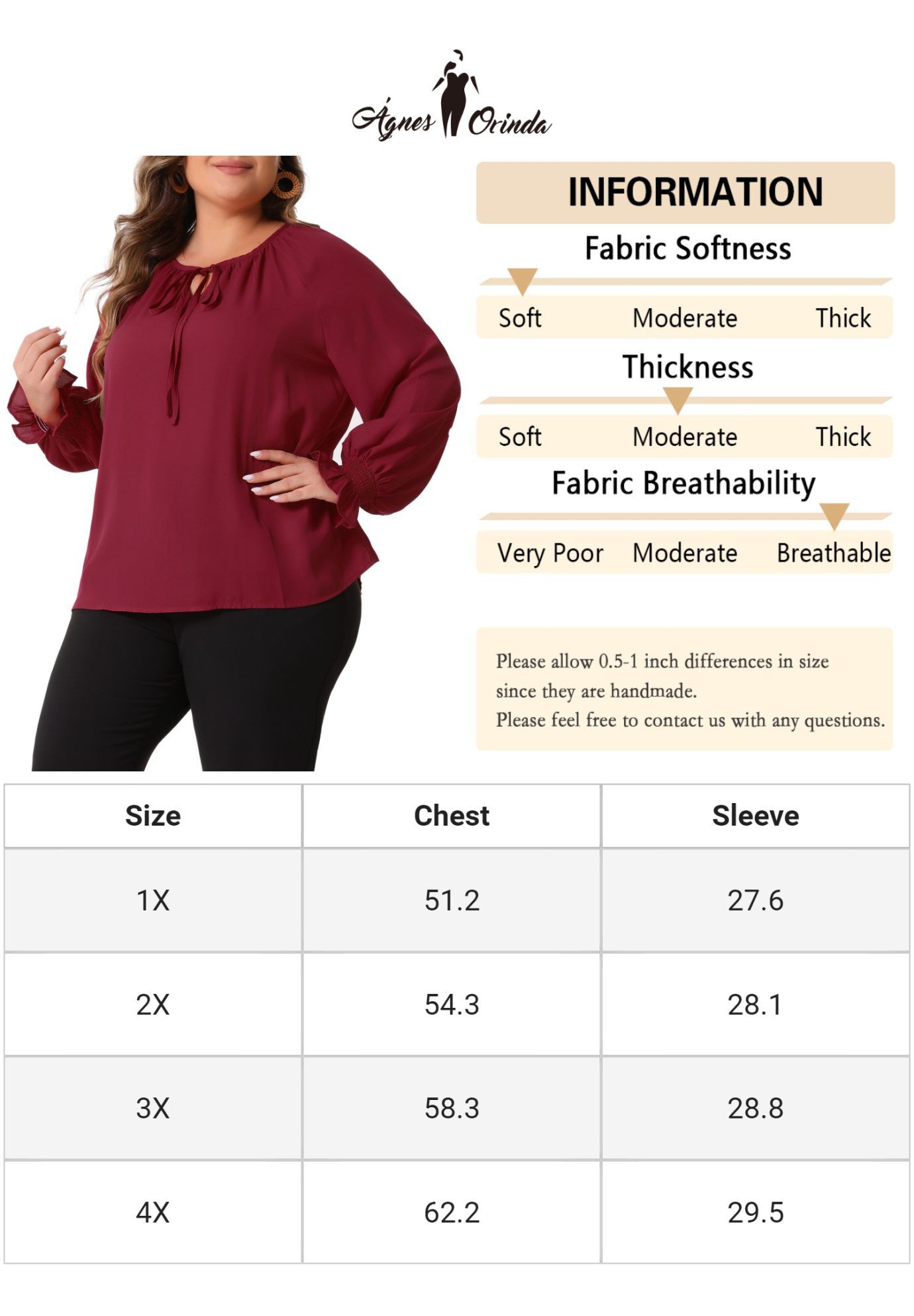 Casual V Neck Drawstring Long Sleeve Blouse Top, Burgundy / Burgundy, alternate image number 4