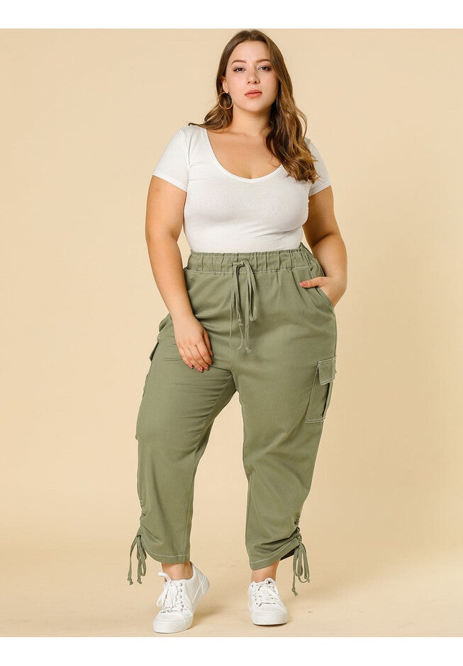 DRAWSTRING ELASTIC WAIST CARGO PANTS, Army Green / Sage Green, alternate image number null