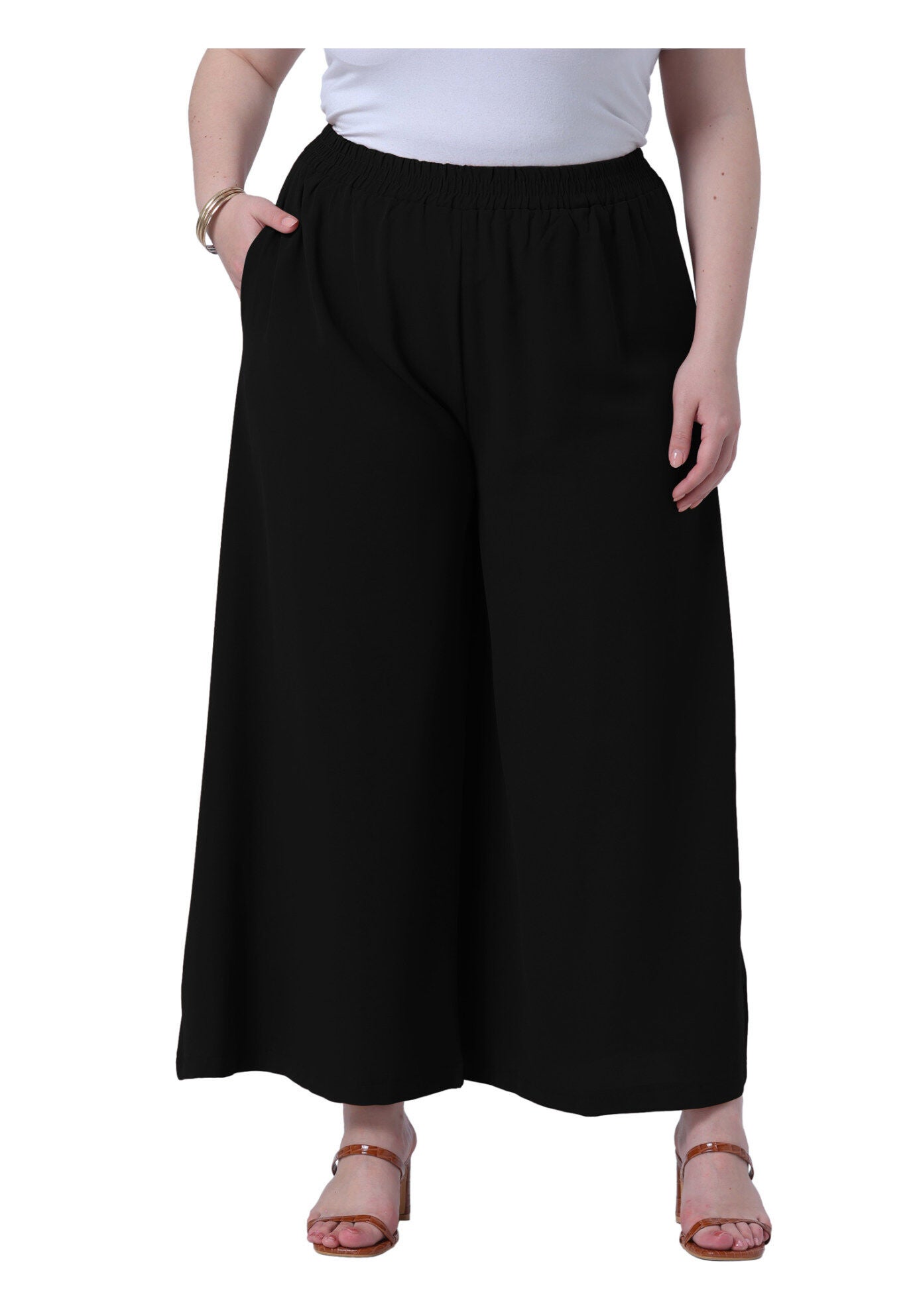 Wide Leg Pockets Casual Summer Palazzo Pants, Black / Black, alternate image number 2