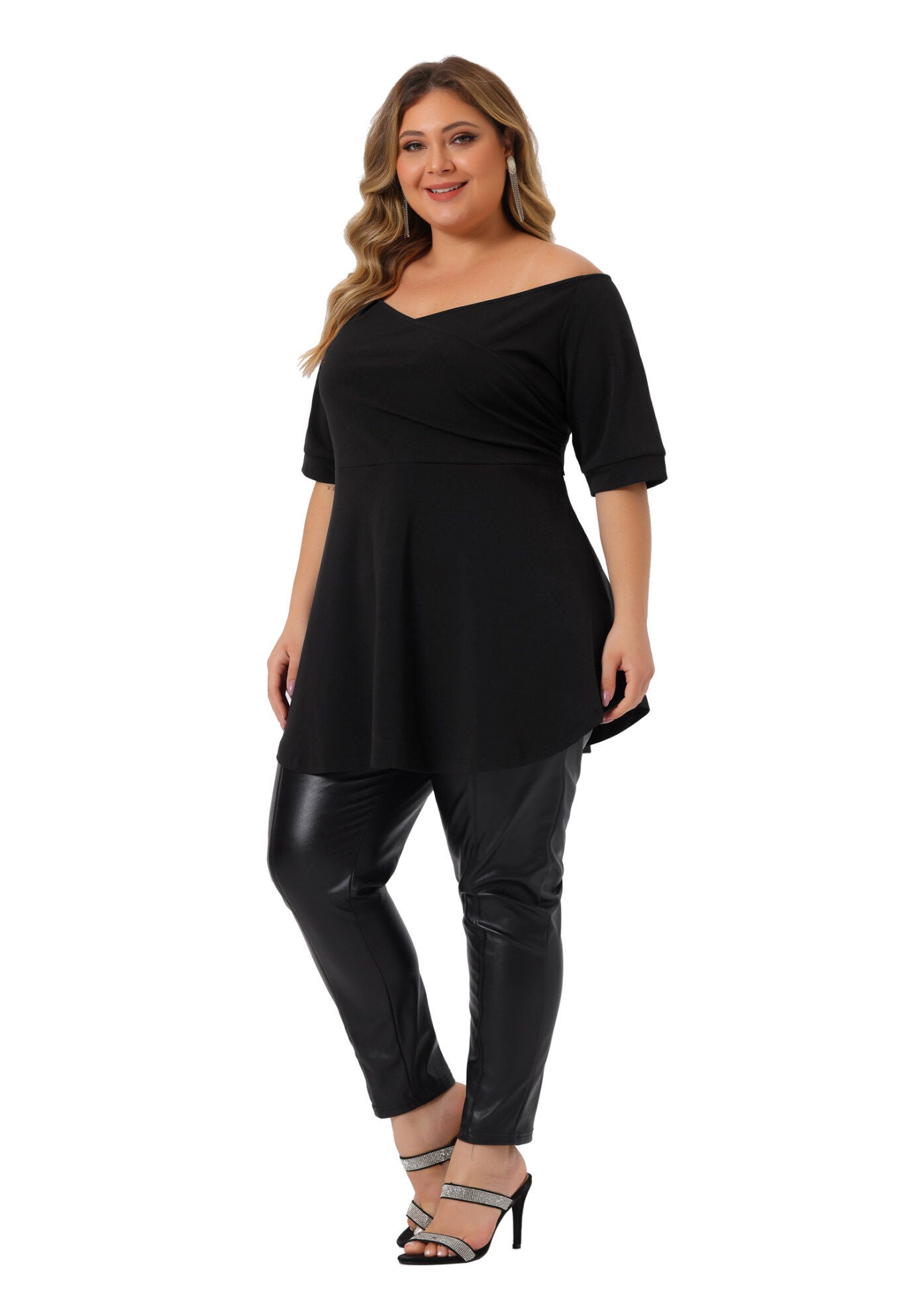 V NECK SHORT SLEEVE RUCHED PEPLUM BLOUSE TOP, Black / Black, alternate image number 1