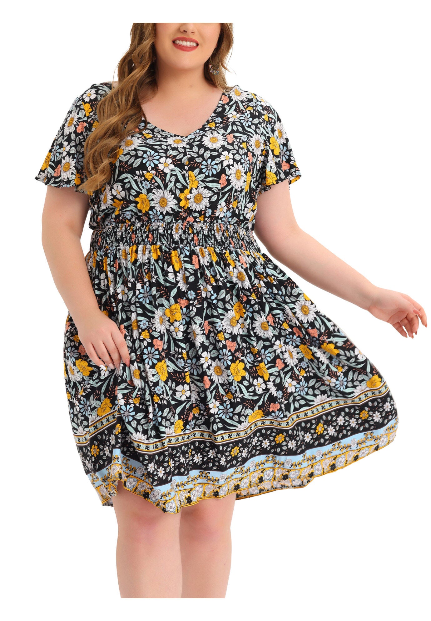 Placed Pattern Bohemian Smock Waist V Neck Summer Midi Dress, Black / Black, alternate image number 1