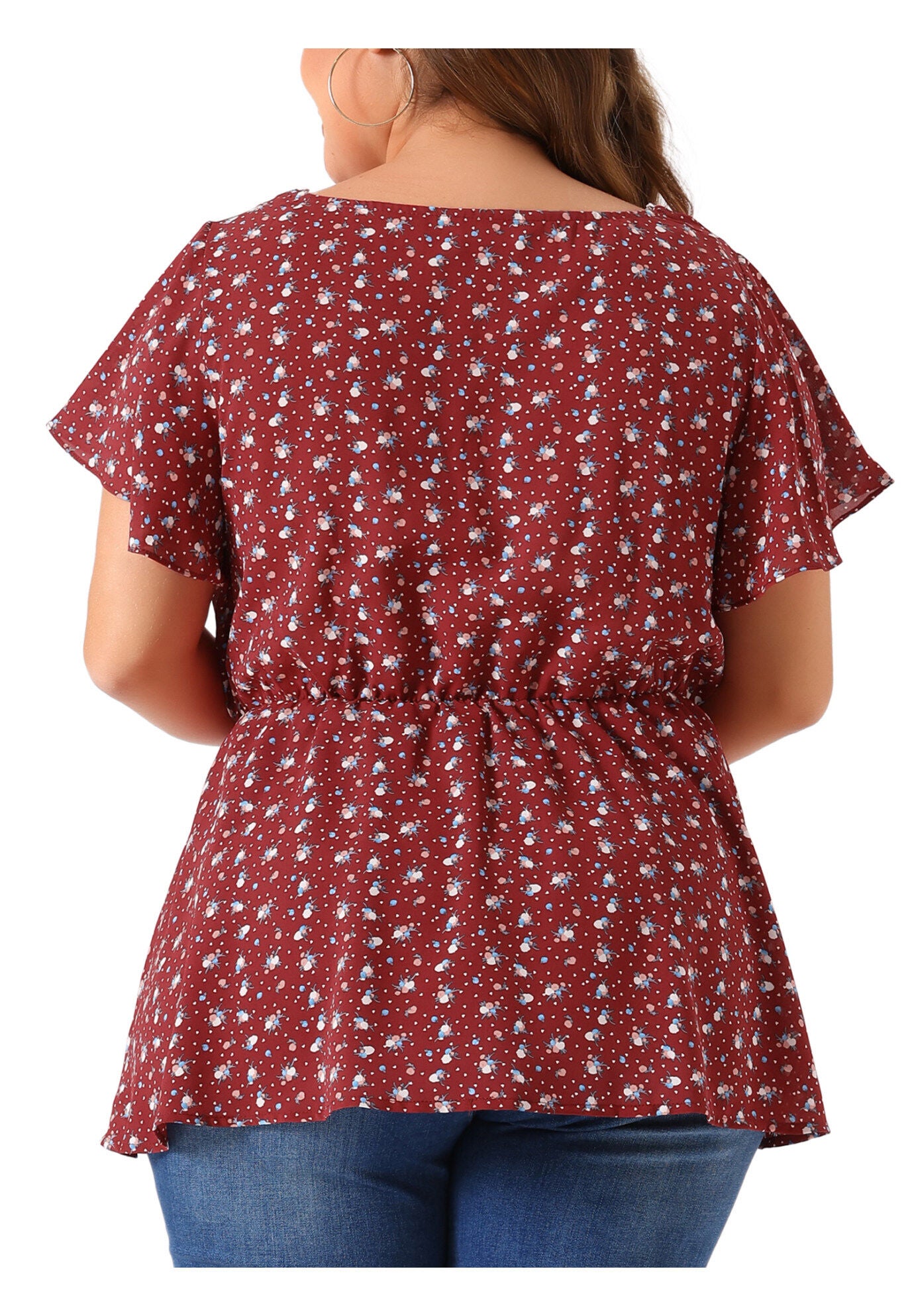 Peplum Top Flare Short Sleeve Sweetheart Neck Summer Floral Blouse, Red / Red, alternate image number 3