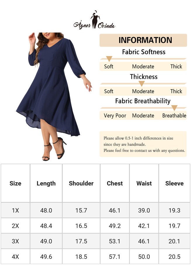 Chiffon V Neck 3/4 Sleeves A-Line Midi Wedding Guest Dress, Dark Blue / Navy, alternate image number 4
