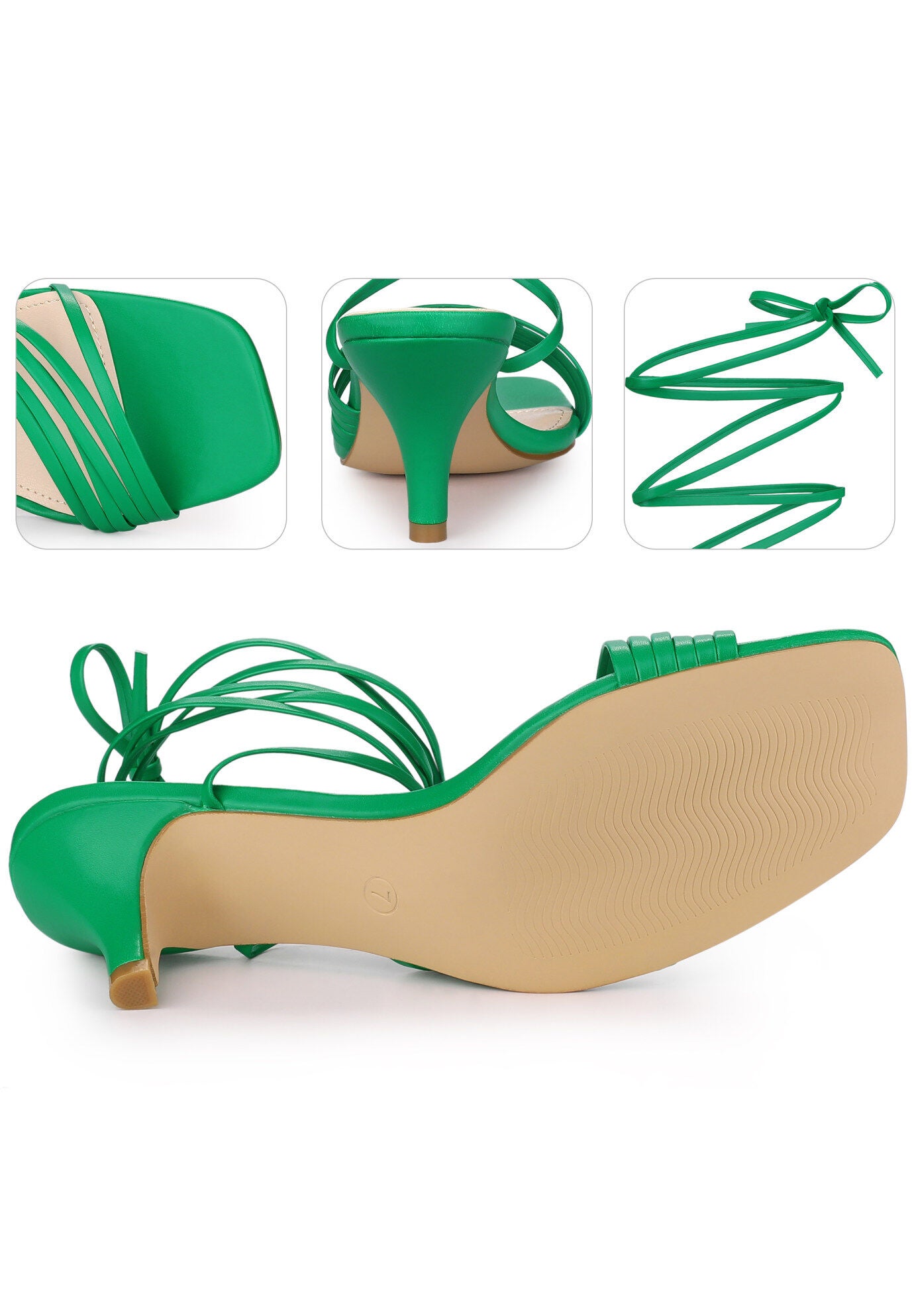 Lace Up Square Toe Strappy Kitten Heels Sandals, Green / Kelly Green, alternate image number 3