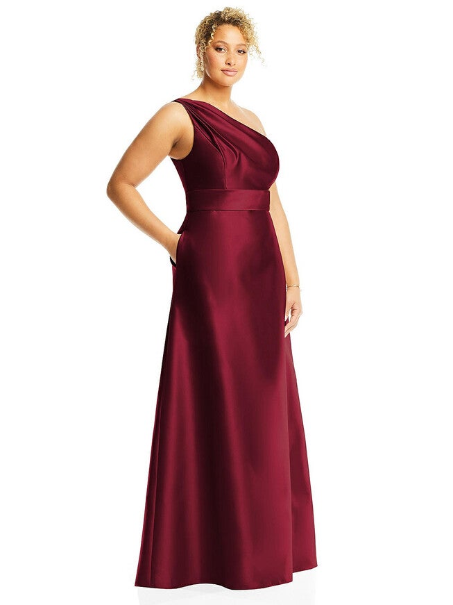 Draped One-Shoulder Satin Maxi Dress with Pockets, Burgundy / New Wine, alternate image number 3