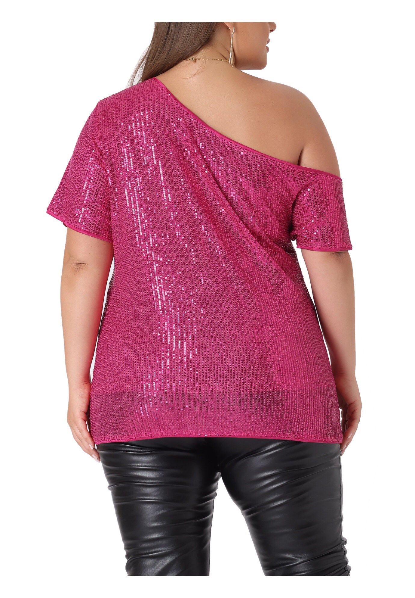 ONE SHOULDER SHORT SLEEVE METALLIC SEQUIN TOP, Hot Pink / Pink, alternate image number 3