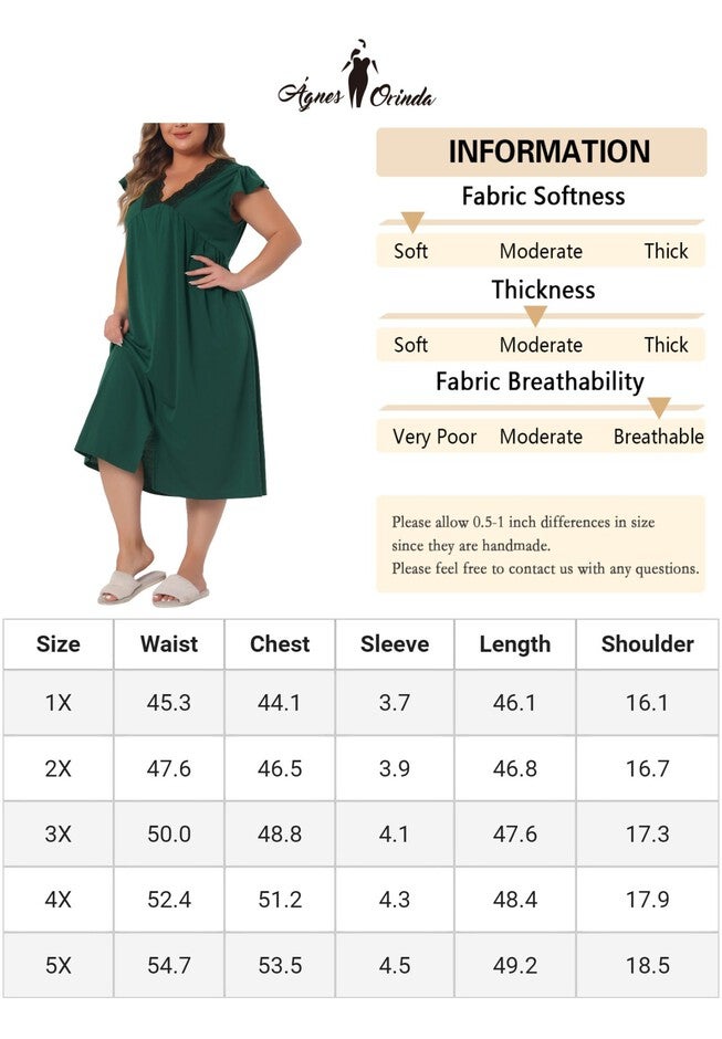 Lace V Neck Front Slits Short Sleeves Sleepwear Dress, Dark Green / Forest Green, alternate image number 4
