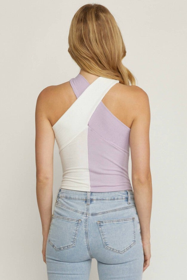 COLORBLOCK HALTER NECK BODYSUIT IN LAVENDER COMBO, Lavender Combo / Purple, alternate image number null