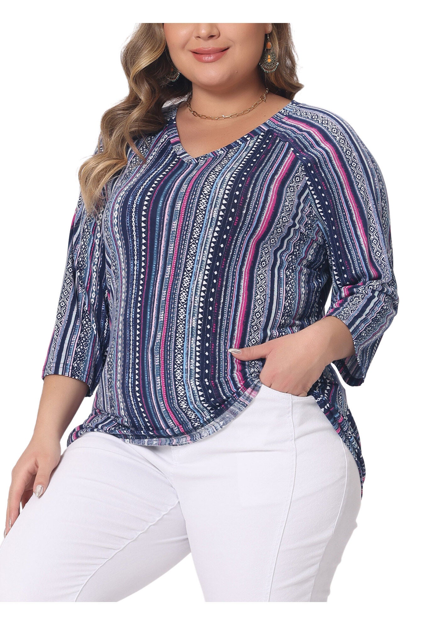 3/4 Sleeve Knit Blouse Tee Stripe Boho Top, Navy Blue / Navy, alternate image number 1