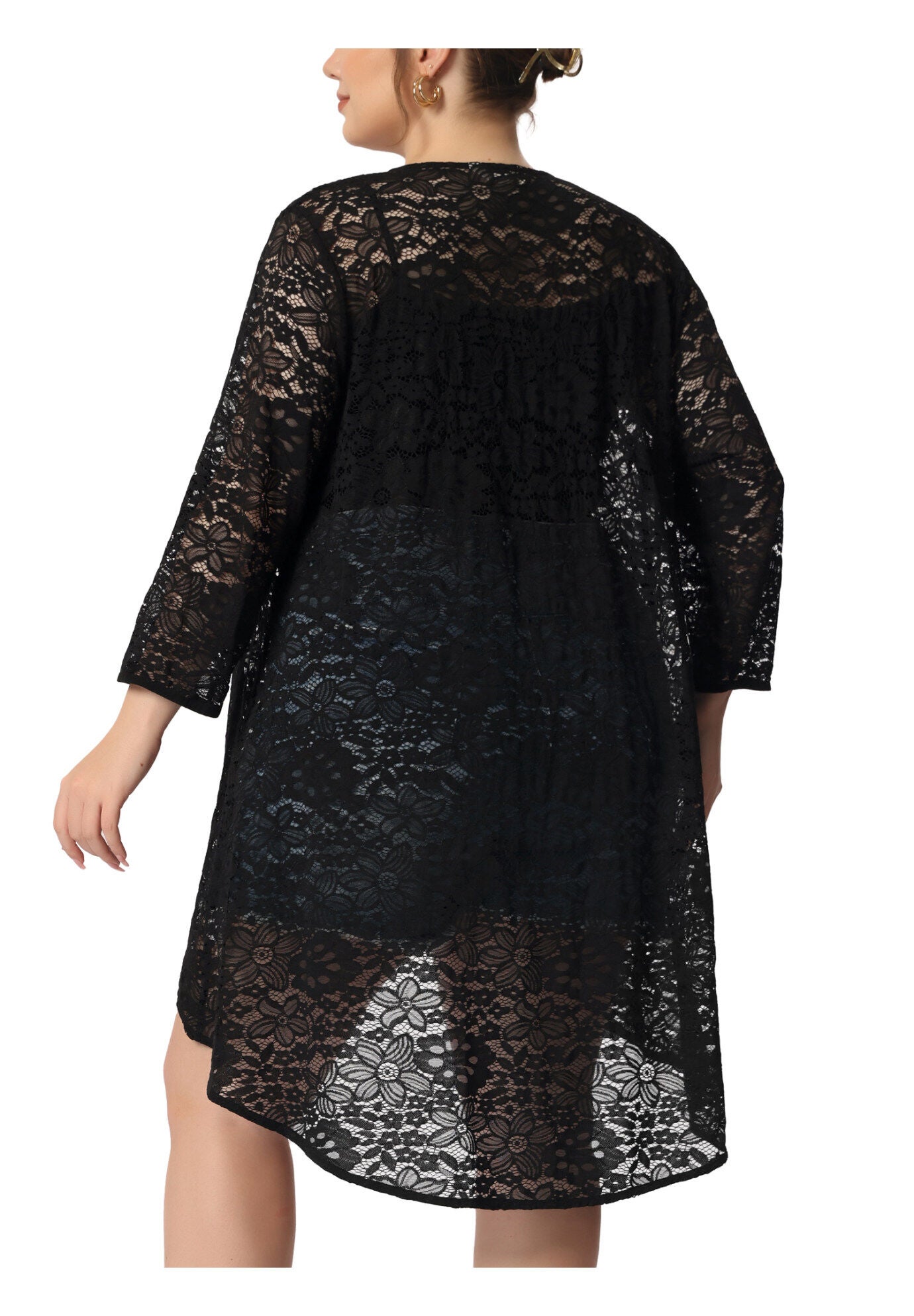 LIGHTWEIGHT 3/4 SLEEVE OPEN FRONT CROCHET LACE COVER UP, Black / Black, alternate image number 3