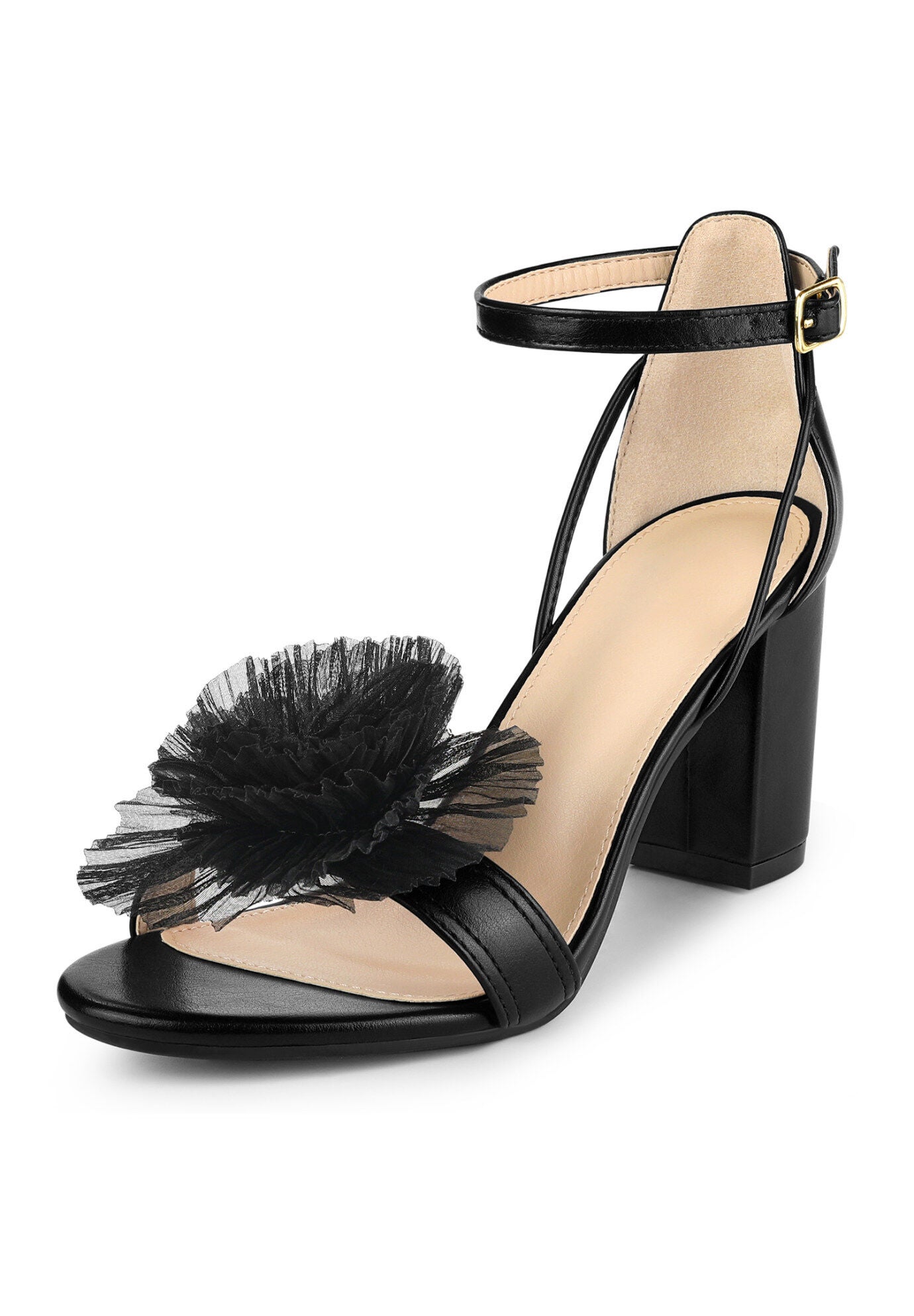 Floral Open Toe Block High Heel Sandals, Black / Black, hi-res image number 0