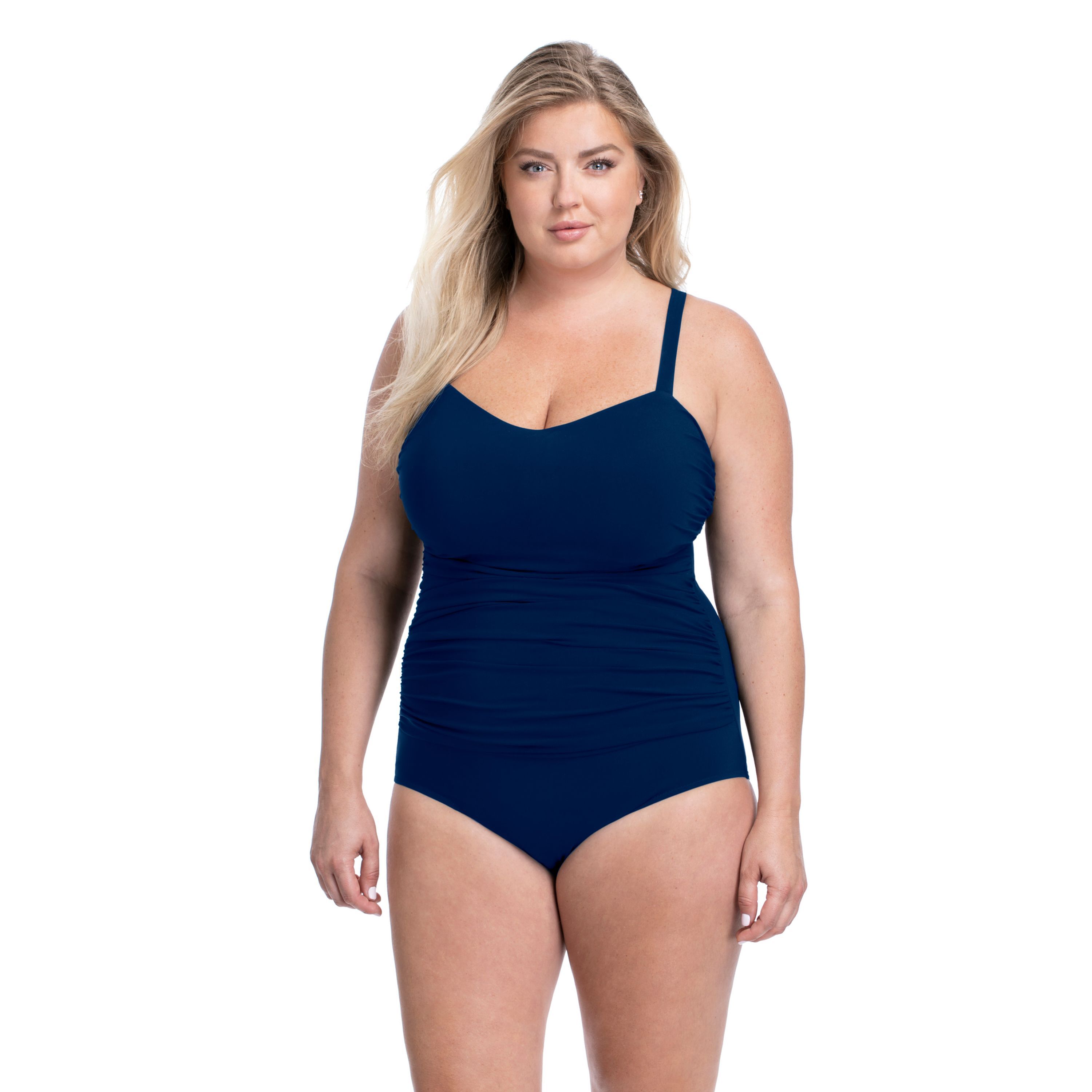 Tutti Frutti Plus Size Sweetheart Neck Shirred One Piece, Navy / Navy, hi-res image number 0
