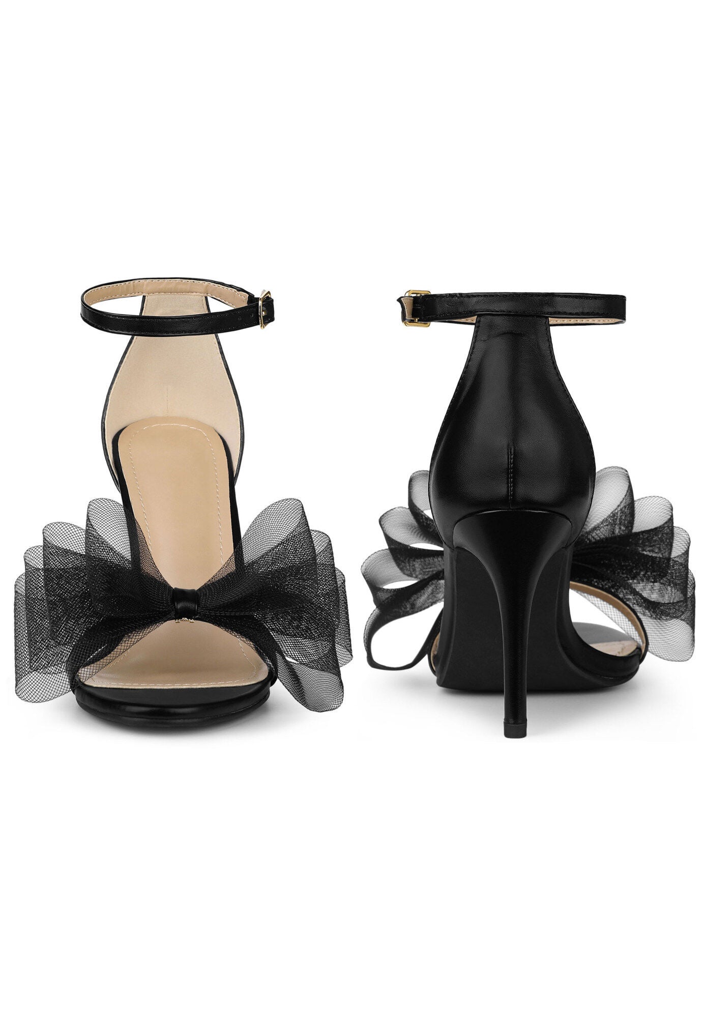 Open Toe Bow Tie Stiletto Heel Sandals, Black / Black, alternate image number 1