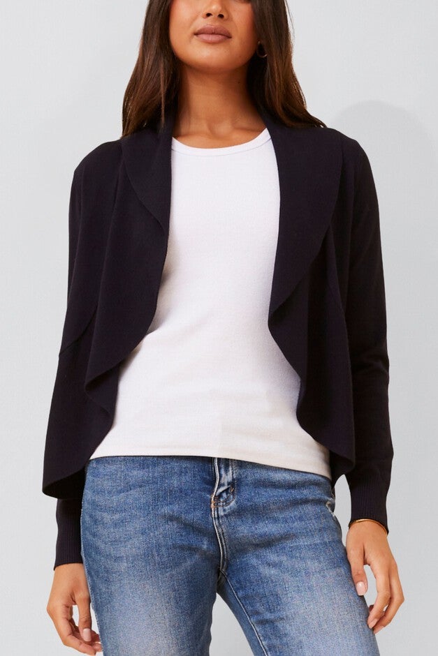 Alessia Lightweight Open-Front Black Cardigan Draped Waterfall Fit, Black / Black, hi-res image number 0