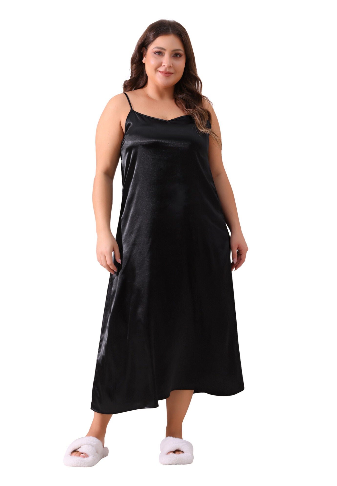 V Neck Satin Pajamas Sleeveless Cami Slip Dress, Black / Black, hi-res image number 0