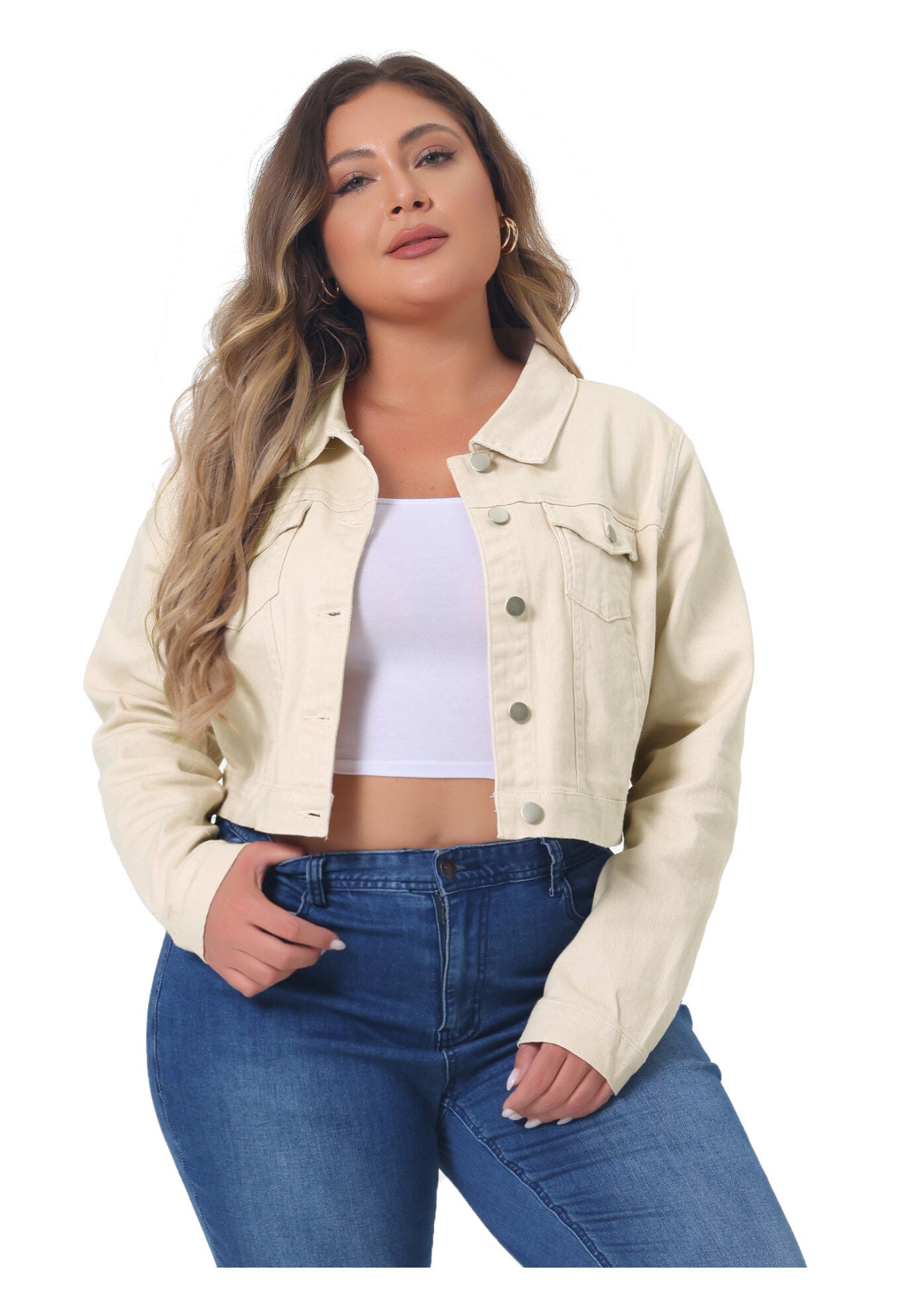 BUTTON CLOSED CROPPED DENIM JACKET, Beige / Beige, alternate image number 2