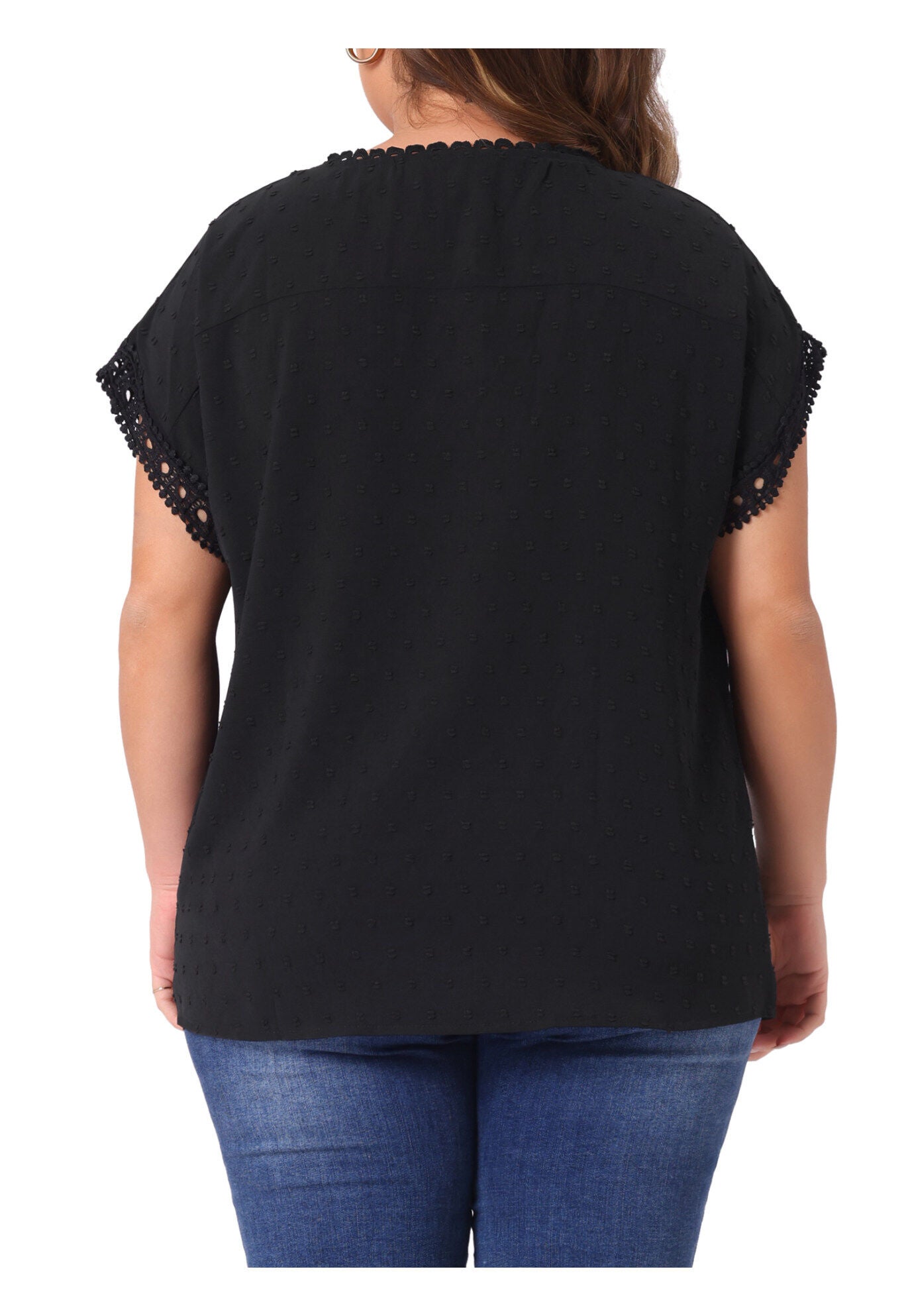 Swiss Dots Lace Crochet Short Sleeve Chiffon Blouse, Black / Black, alternate image number 3