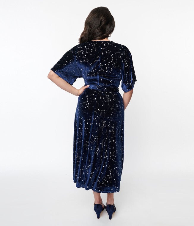 Unique Vintage Navy & Silver Stars Velvet Wrap Midi Dress, Navy Silver Stars / Navy, alternate image number 3