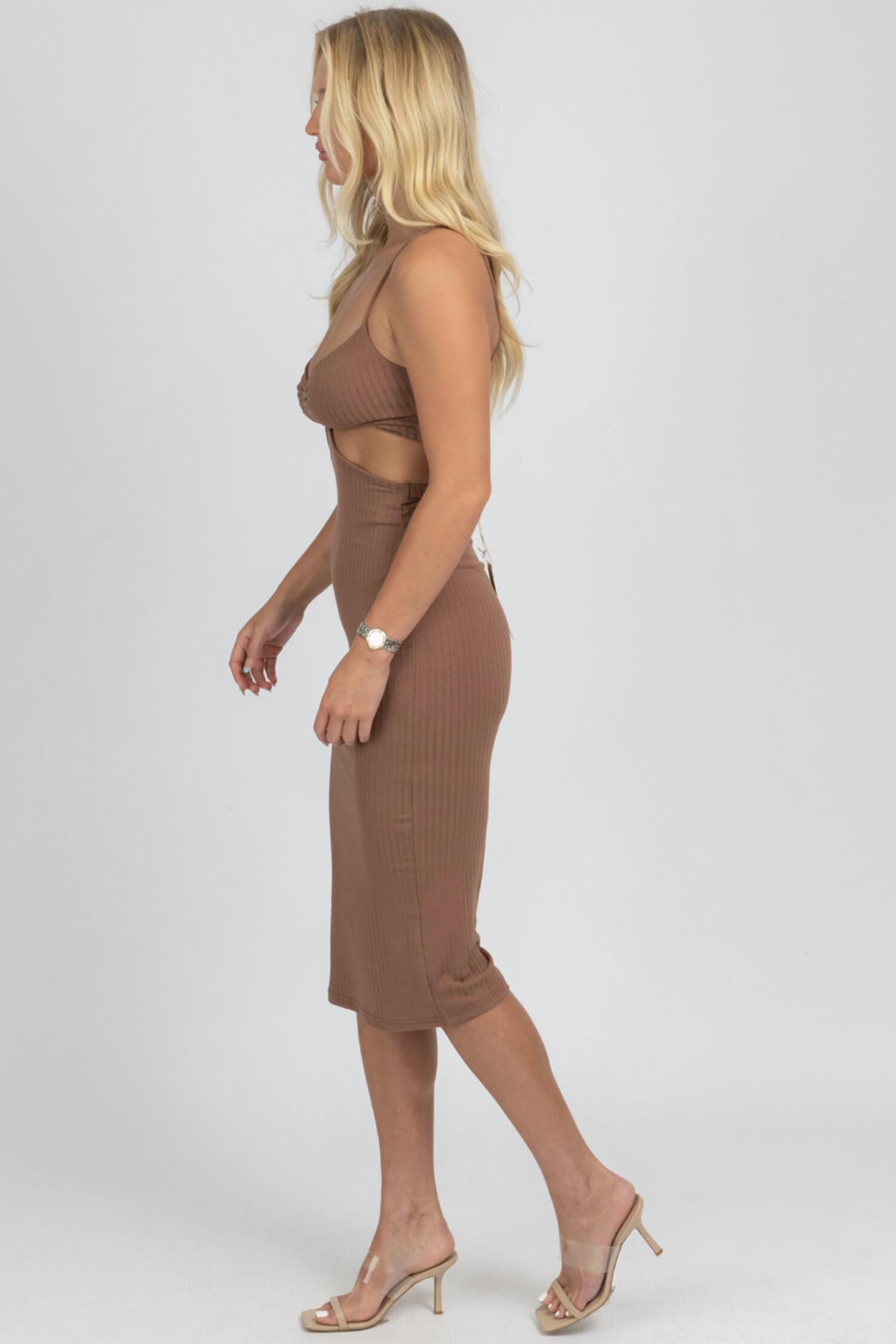 CUTOUT RIBBED MIDI DRESS IN MOCHA, , alternate image number 8