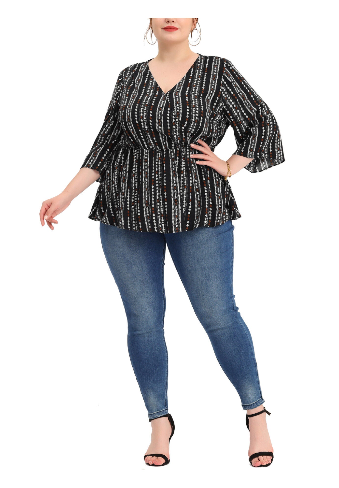 Boho Work V Neck Striped Peplum Top Blouse, Black / Black, alternate image number 1