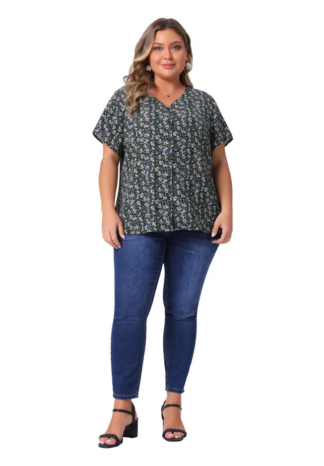 V Neck Button Short Sleeve Floral Blouse, Black Purple / Black, hi-res image number 0