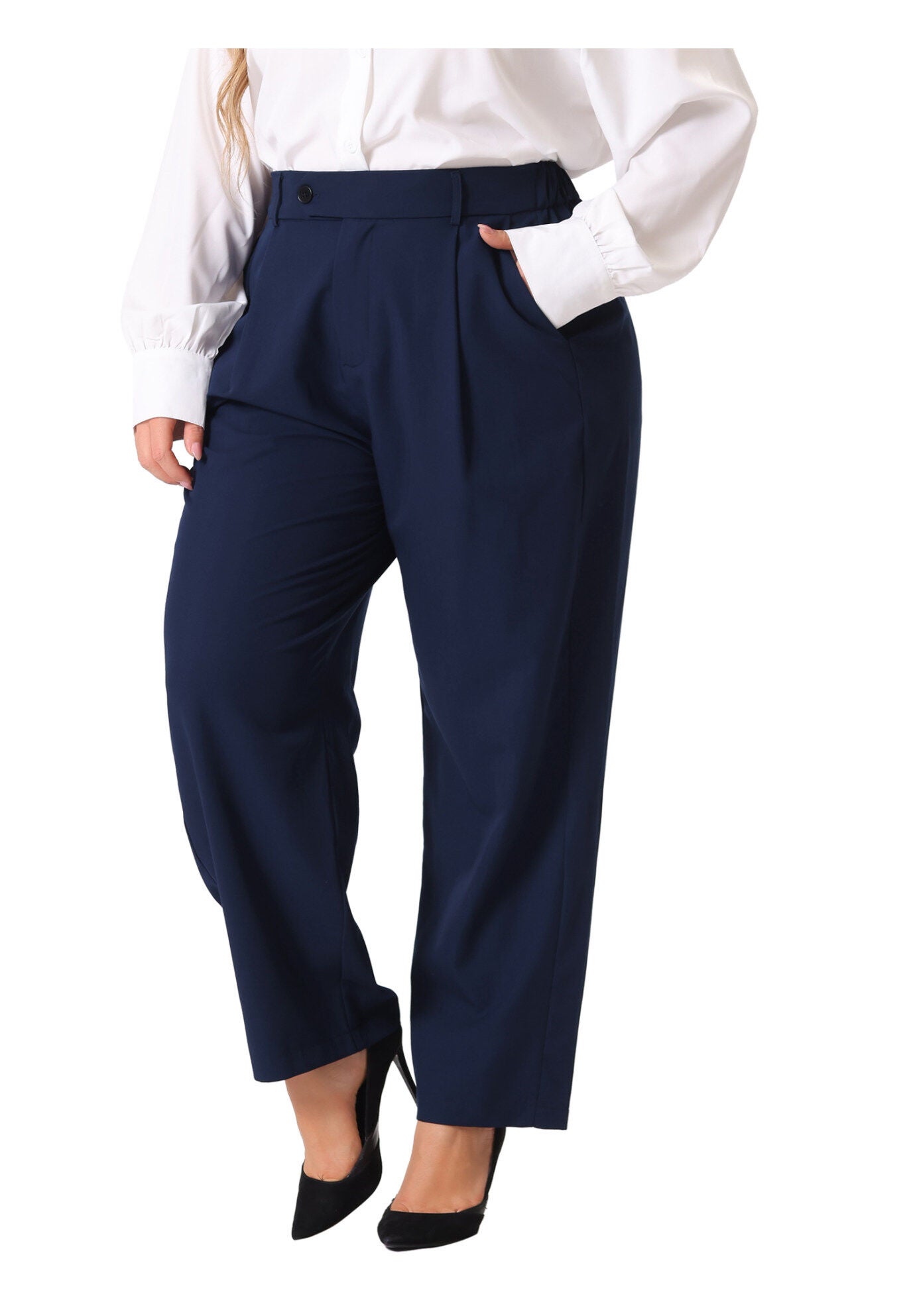 ELASTIC HIGH WAISTED LONG STRAIGHT BUSINESS CASUAL TROUSERS, Navy Blue / Navy, alternate image number 2
