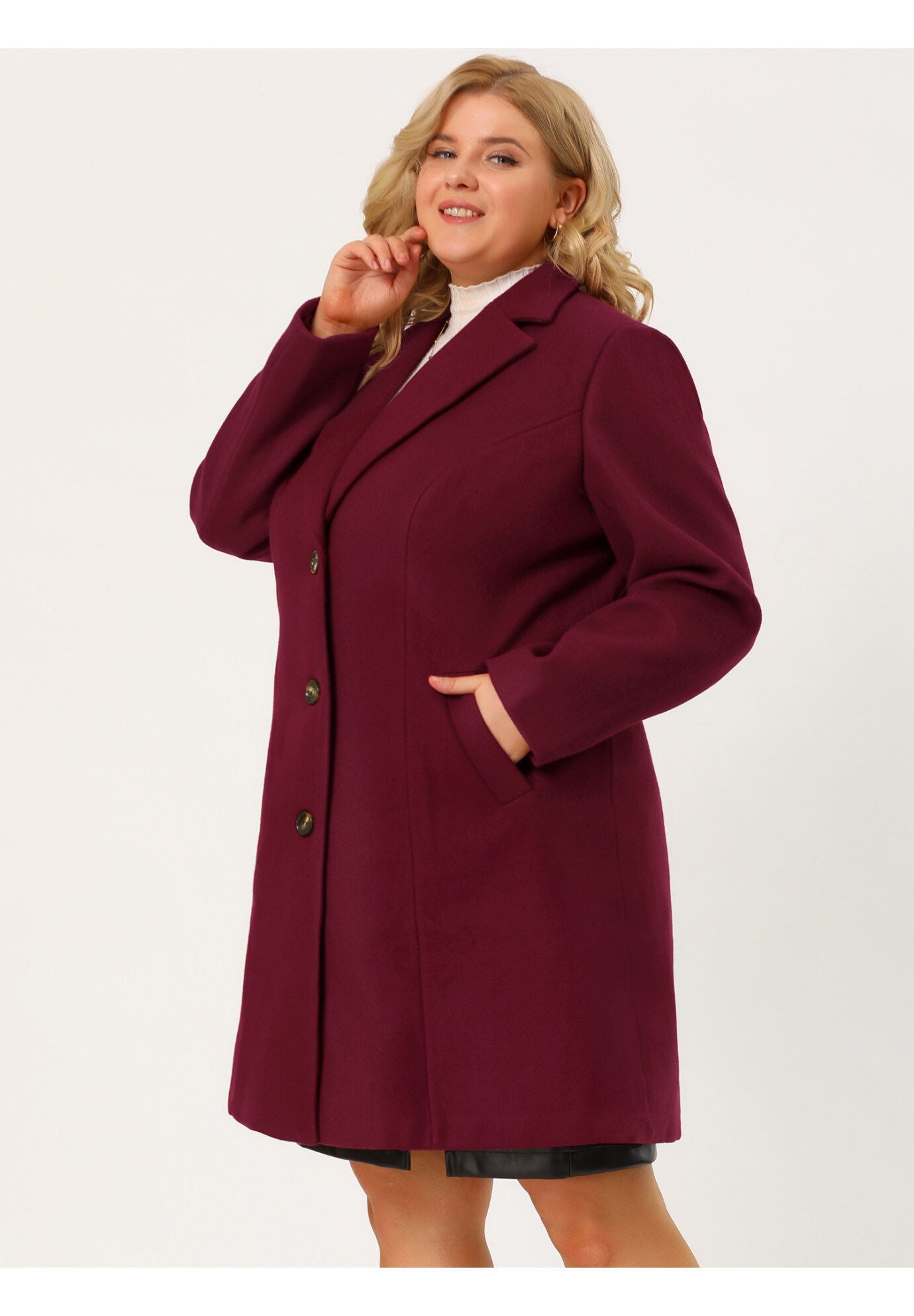 SINGLE BREASTED NOTCHED LAPEL LONG WINTER COAT, Wine Red / Red, alternate image number 3