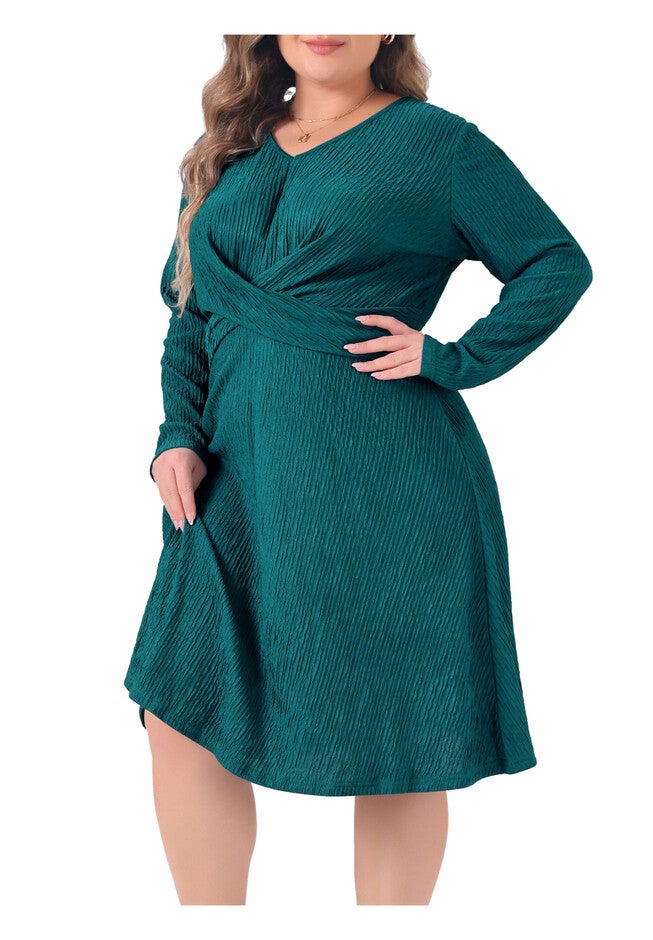 Long Sleeve Elegant Knitted Criss Cross V Neck Sweater Midi Dress, Green / Teal, alternate image number 1