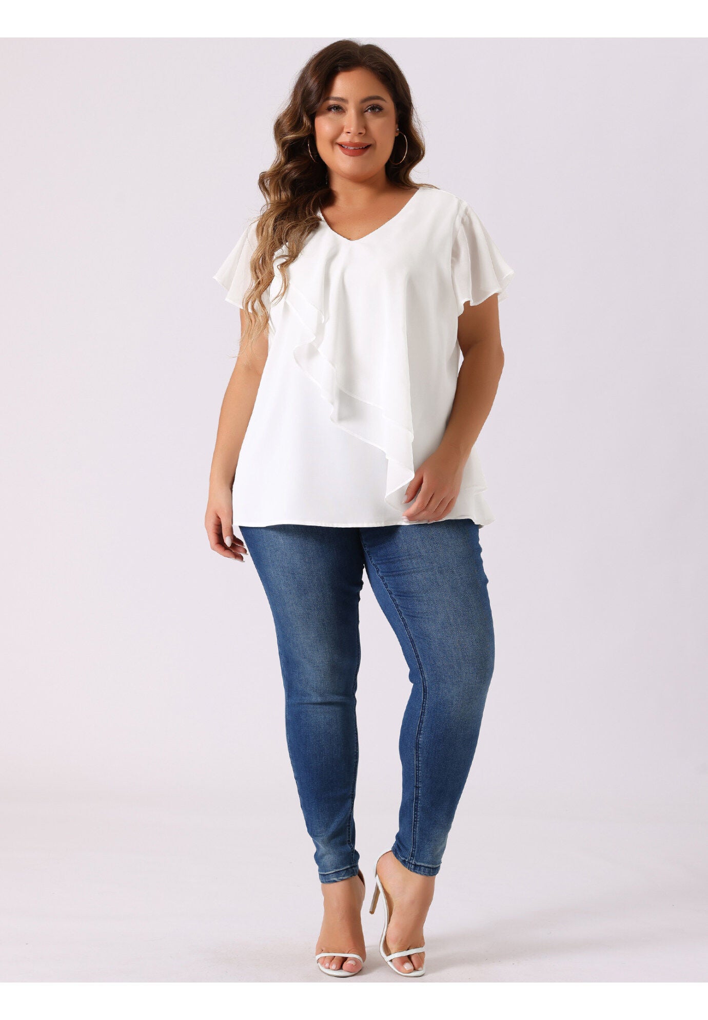 Flutter Sleeves Blouse V Neck Layer Chiffon Ruffle Top, White / White, hi-res image number 0