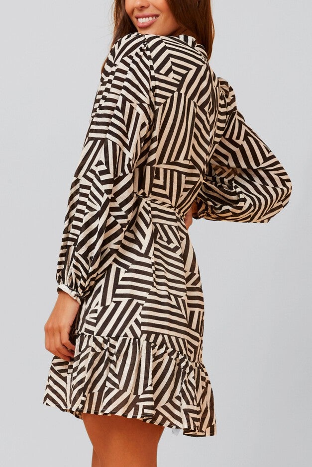 Sylvana Dress Long Puffy Sleeve Geo Print, Black / Black, alternate image number 1