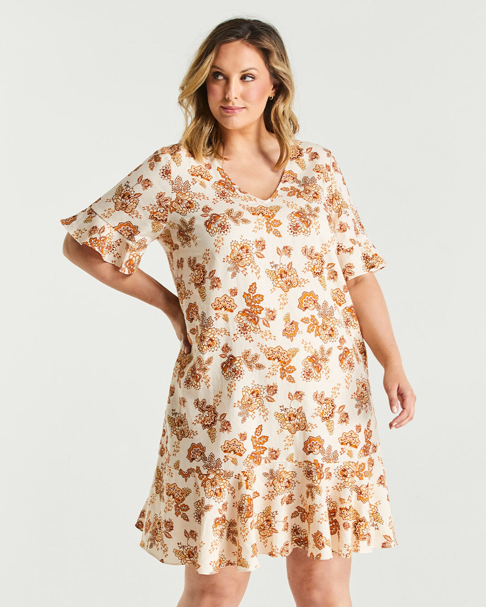 Earth Blooms Ruffle Dress, Print / Beige, hi-res image number 0