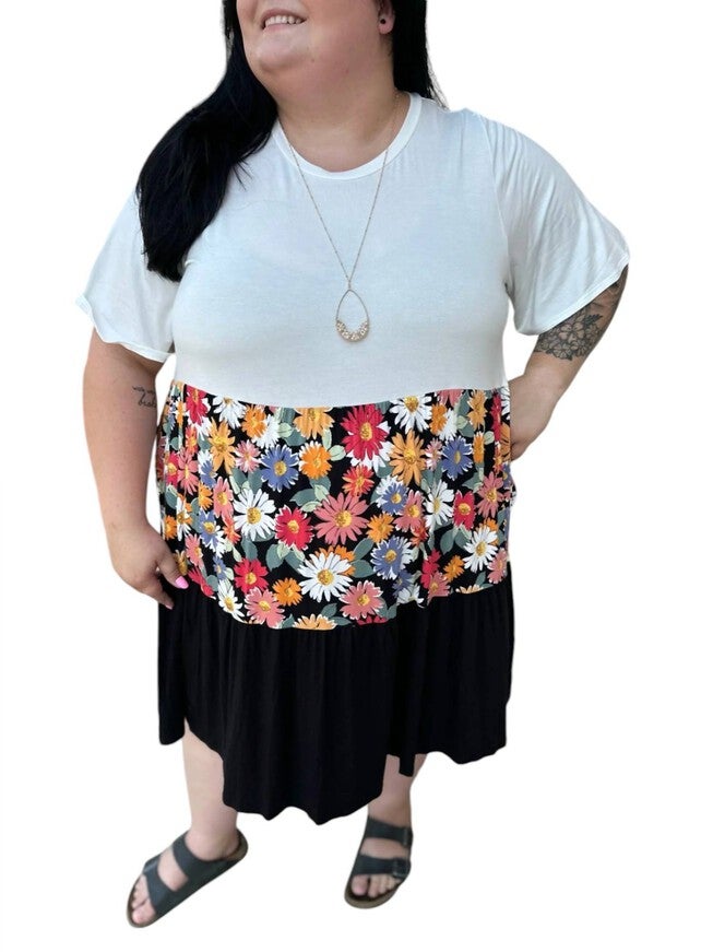 COLOR BLOCK FLORAL DRESS, White / White, alternate image number null