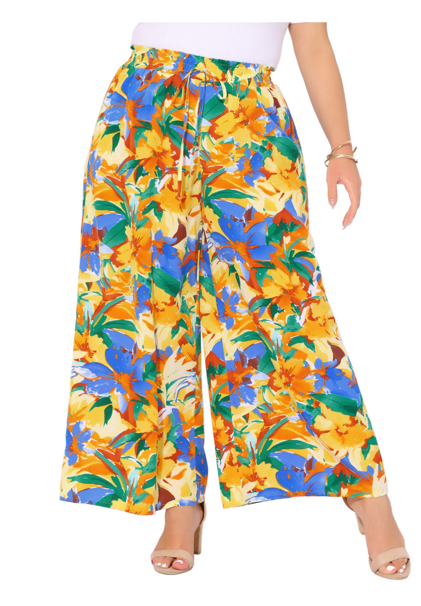 Wide Leg Floral Palazzo Pants Flowy Beach Trousers with Pocket, Yellow Orange / Yellow, alternate image number 3