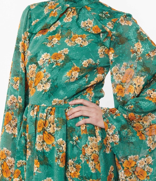 Unique Vintage Green & Orange Floral Bell Sleeve Maxi Dress, , alternate image number null
