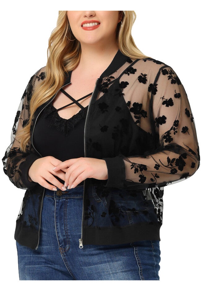 SHEER FLORAL LACE LONG SLEEVE BASEBALL JACKET, Black / Black, alternate image number 2