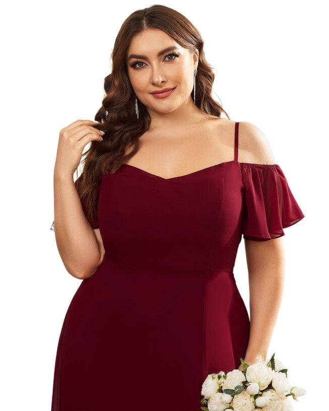 Stylish Cold Shoulder Flare Sleeves Flowy Bridesmaid Dress, Burgundy / Burgundy, alternate image number 4