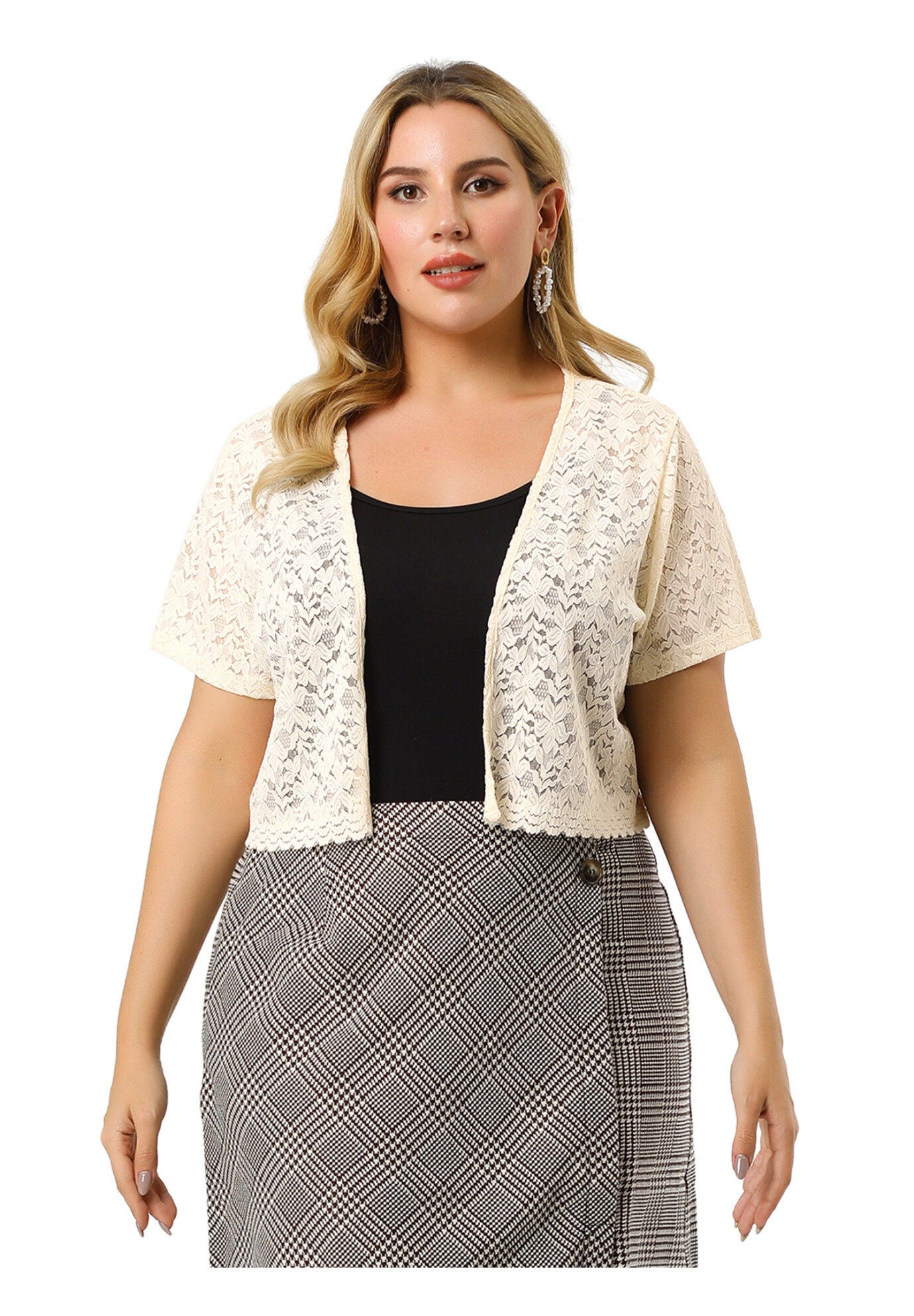 OPEN FRONT SHORT SLEEVE CROCHET LACE CROPPED BOLERO SHRUG CARDIGAN, Beige / Beige, hi-res image number 0