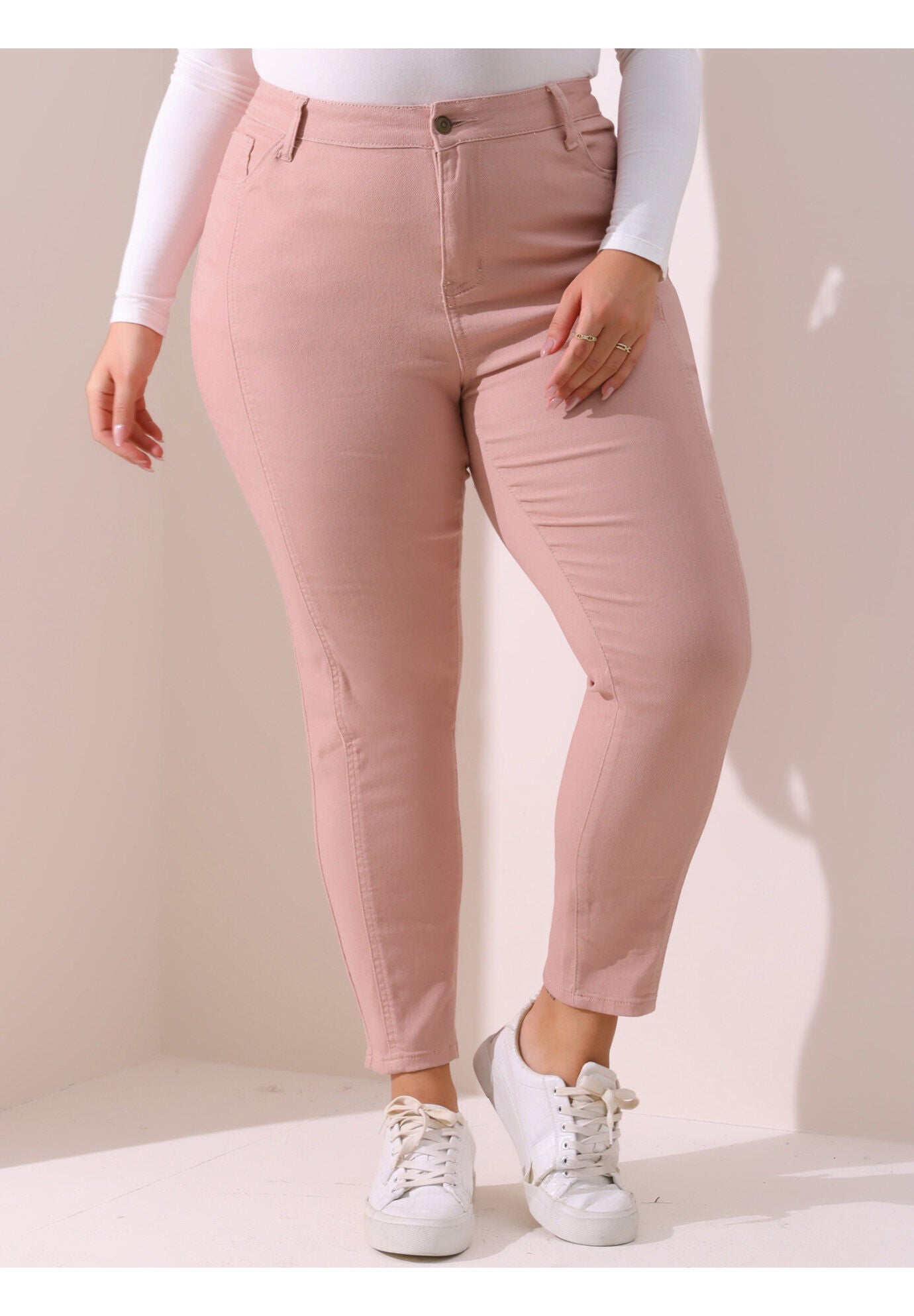 MID RISE STRETCH WASHED SKINNY JEANS DENIM JEGGINGS, Pink / Pink, alternate image number 4