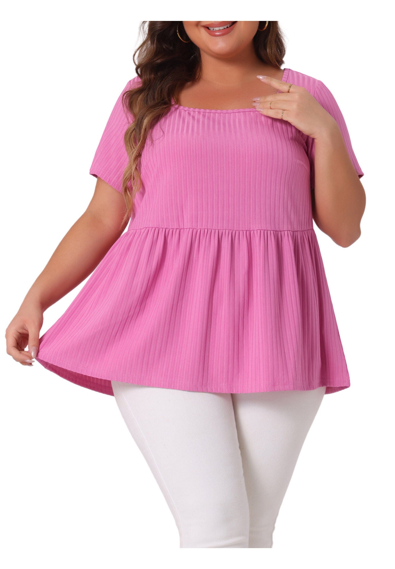 Babydoll Top Summer Peplum Short Sleeve Summer Oversized Tunic Blouse, Dark Pink / Deep Fuchsia, alternate image number 2