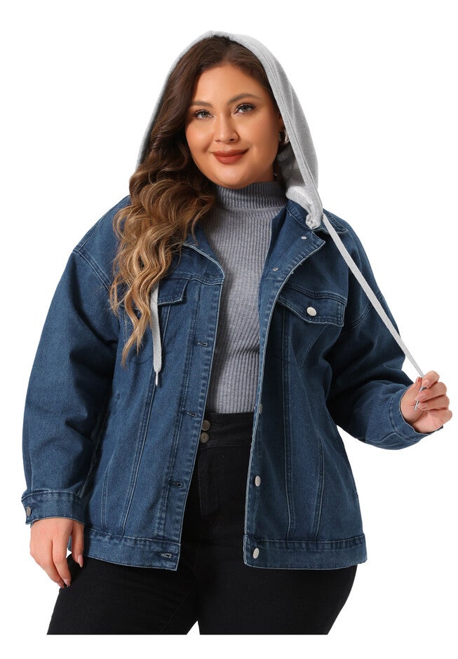 LAYERED DRAWSTRING DETACHABLE HOODIE DENIM JACKET, Blue / Navy, alternate image number null