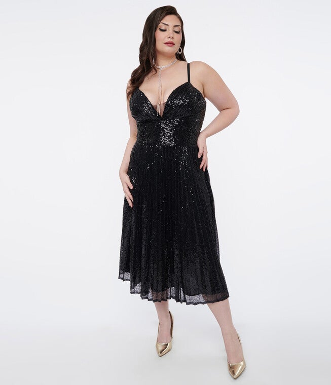 Unique Vintage 1950s Black Pleated Sequin Swing Dress, Black Sequin / Black, alternate image number null