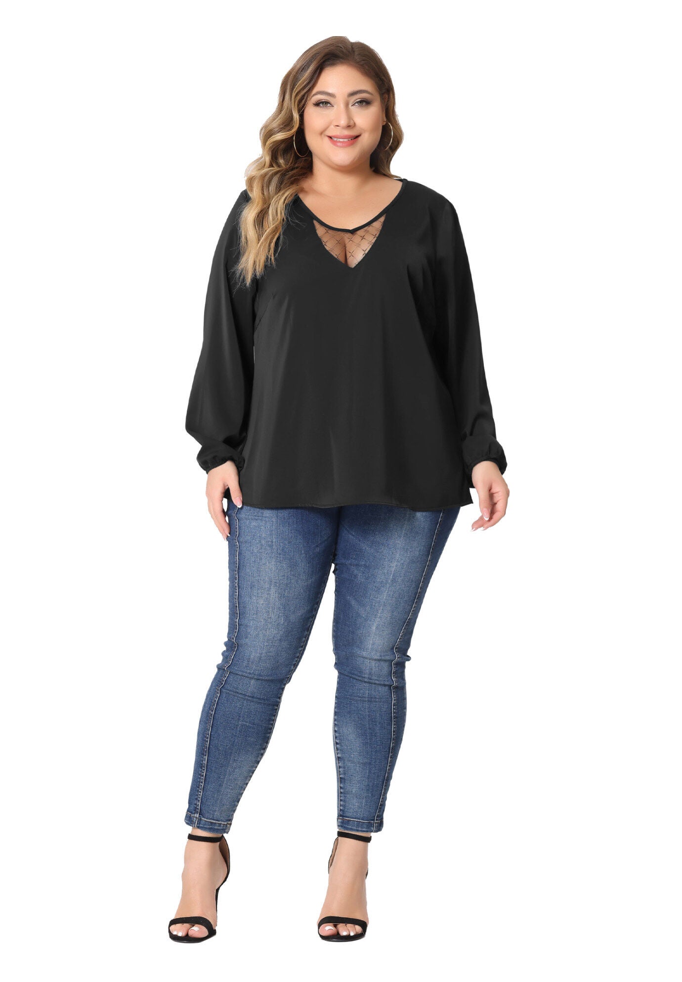 LONG SLEEVE LACE V NECK TOP, Black / Black, hi-res image number 0