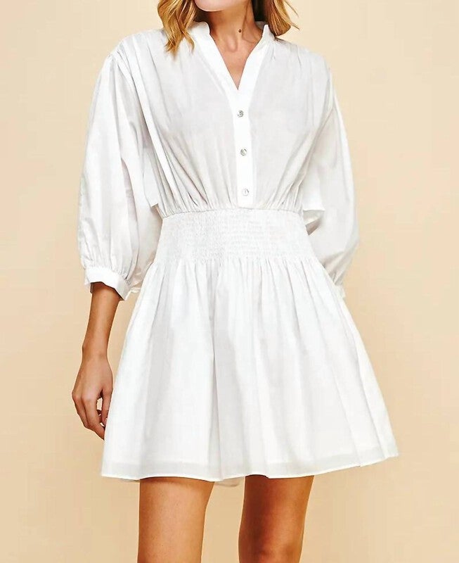 MOLLY MANDARIN COLLAR SMOCKED MINI DRESS IN WHITE, White / White, hi-res image number null