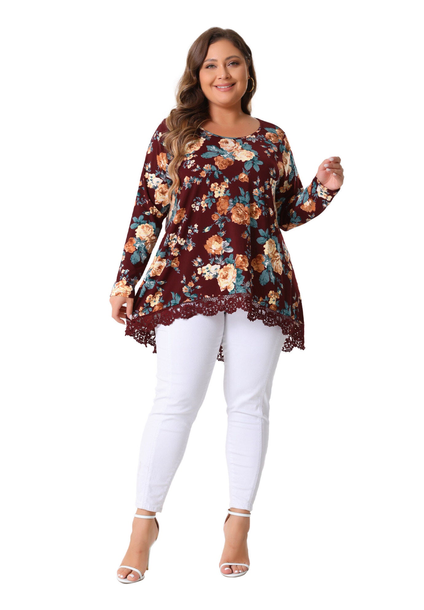 Crew Neck A-Line High Low Hem Floral Blouse, Burgundy / Red, hi-res image number 0