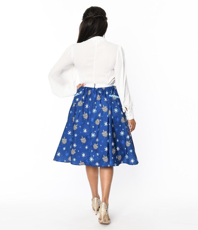 Unique Vintage Blue Hanukkah Print Susannah Swing Skirt, Blue Hannukah Print / Royal Blue, alternate image number 1
