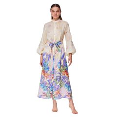Cherry Blossom Belted Button Up Linen Dress Cover-Up